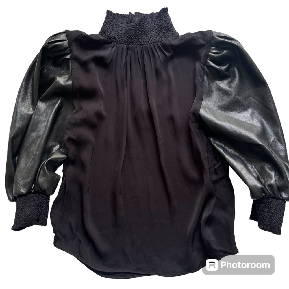 Alice + Olivia Carmina Vegan Leather Sleeve Mock Neck Black Blouse Size S